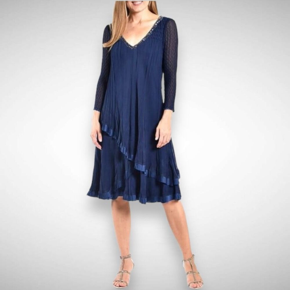 Komarov Beaded V Neck 3/4‎ Sleeve Chiffon Charmeuse Blue Midi Dress Size Small